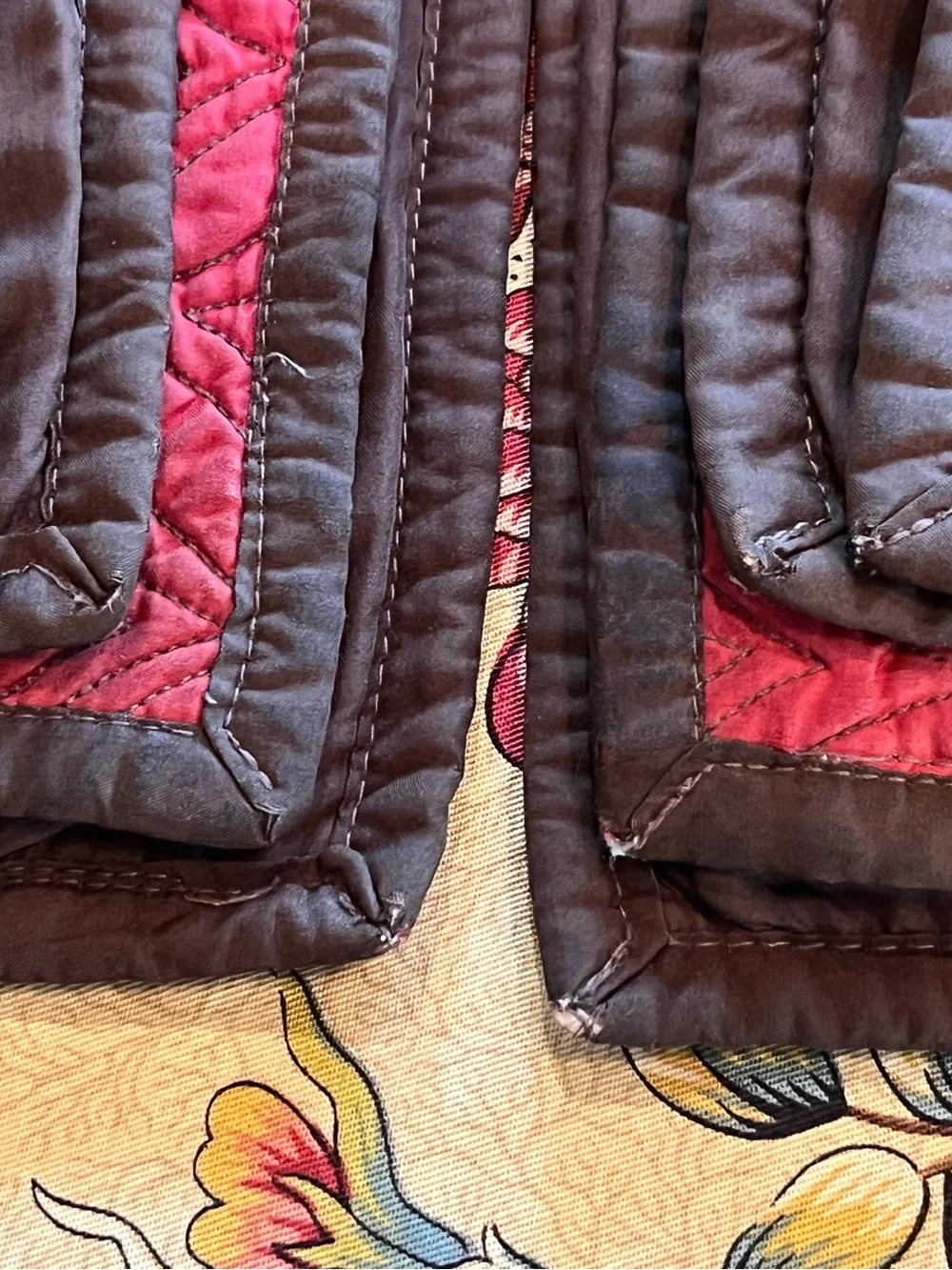 Restoration Hardware Quilted Silk Pillow Shams (2) King Curved Diamonds Rust Red